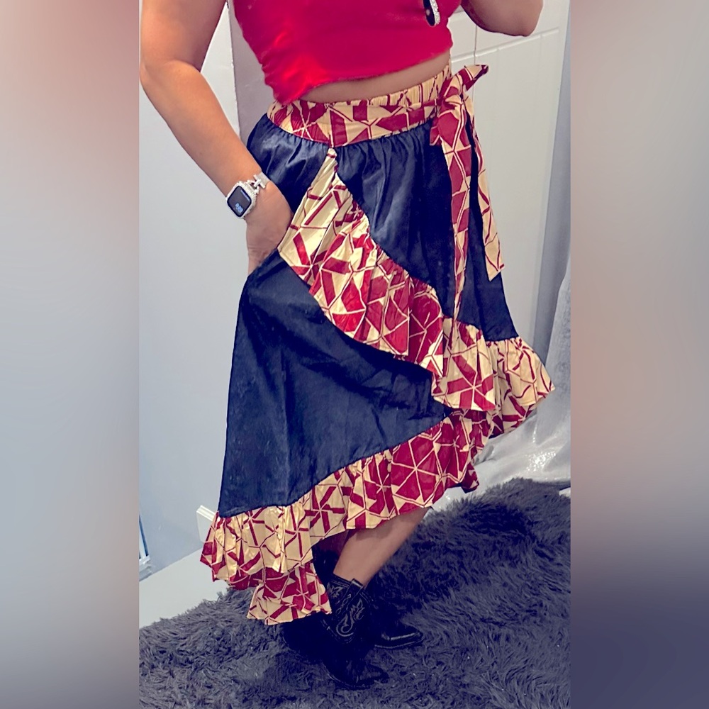 Stylish cream and Red Patterned blue Jean high low skirt one size